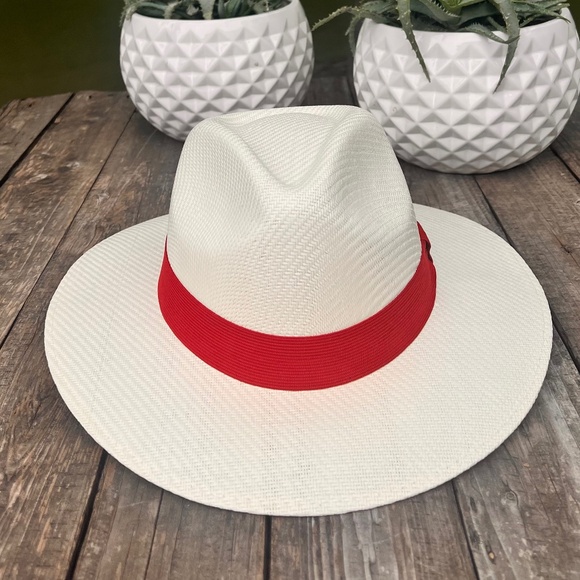 H17 FEDORA HAT IN BEIGE WITH RED HEADBAND SIZE M - Picture 1 of 4